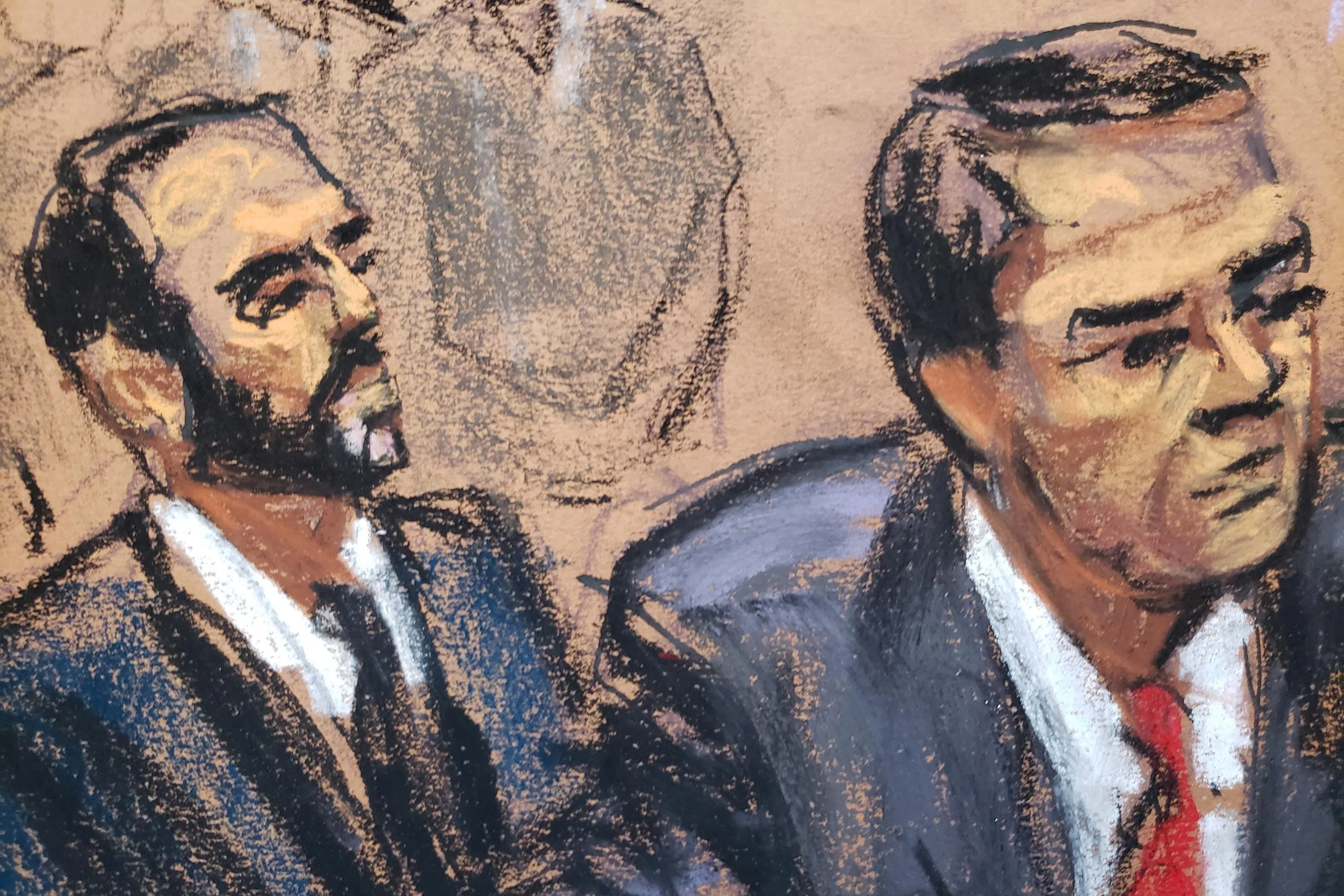 美国司法部特别检察官史密斯（左）就坐在特朗普律师的后面。（路透社）