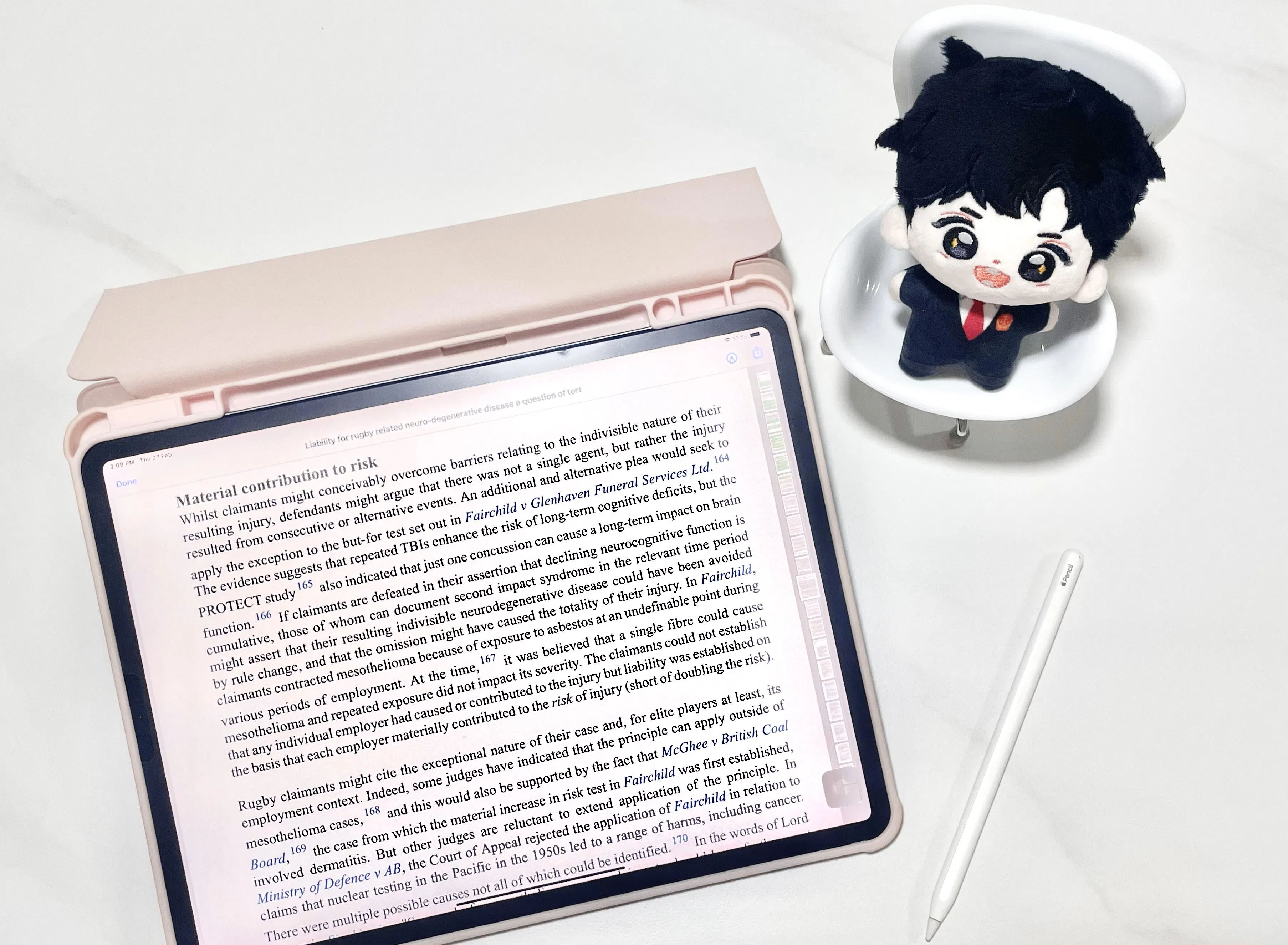 作者在阅读考前资料时，将电视剧人物——周亦安的小玩偶放在一旁，把它当“监督员”。（周佳铃摄）