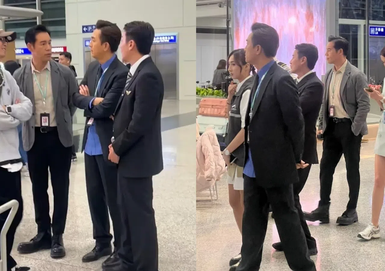 马国明（两图蓝衬衫者）在开拍前与导演及同事交流。（互联网）