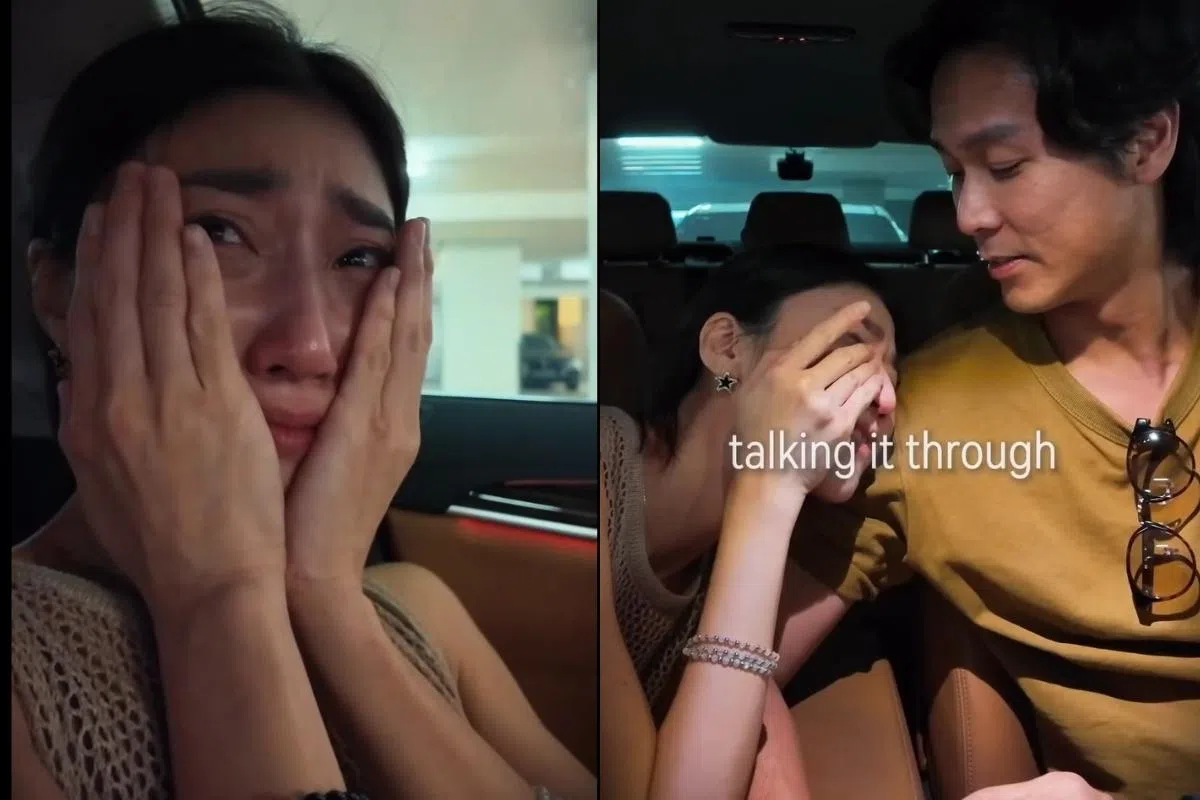 庞蕾馨（左图）在和丈夫陈邦鋆（右图右）讨论健康话题时一时感触落泪。（视频截图）