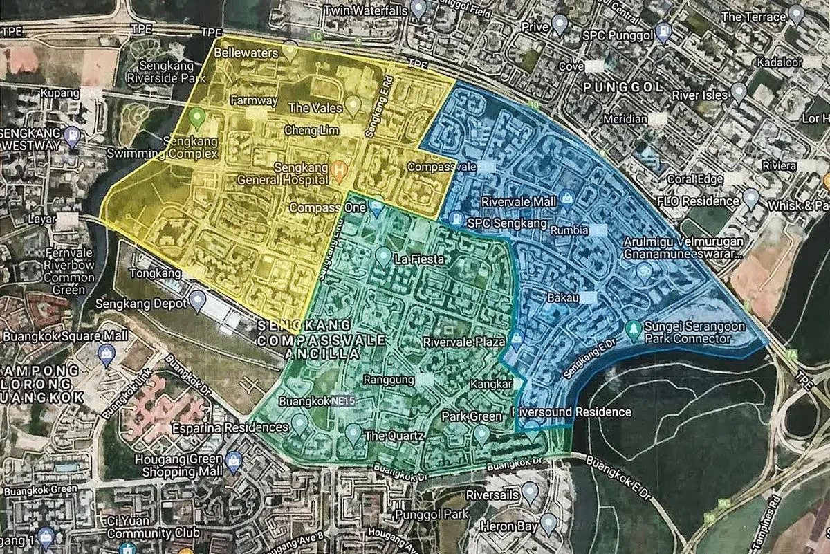 盛港集选区议员辣玉莎请辞，她所负责的康埔桦区将分配给该选区的其他三名议员负责。图中黄区由林志蔚负责、蓝区由蔡庆威负责，绿区则由何廷儒负责。（工人党提供）