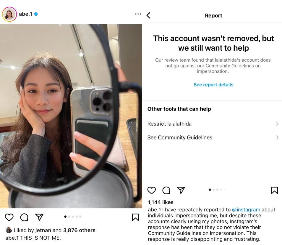 林慧娴称，曾多次向Instagram投诉身份被假账号盗用，但未得到重视。Instagram母公司Meta发言人告诉《联合早报》，平台已审查相关账号并采取了行动，但“不良行为者会不断改变策略逃避监测，这也意味着没有一种工具可以成为灵丹妙药”。（受访者提供）