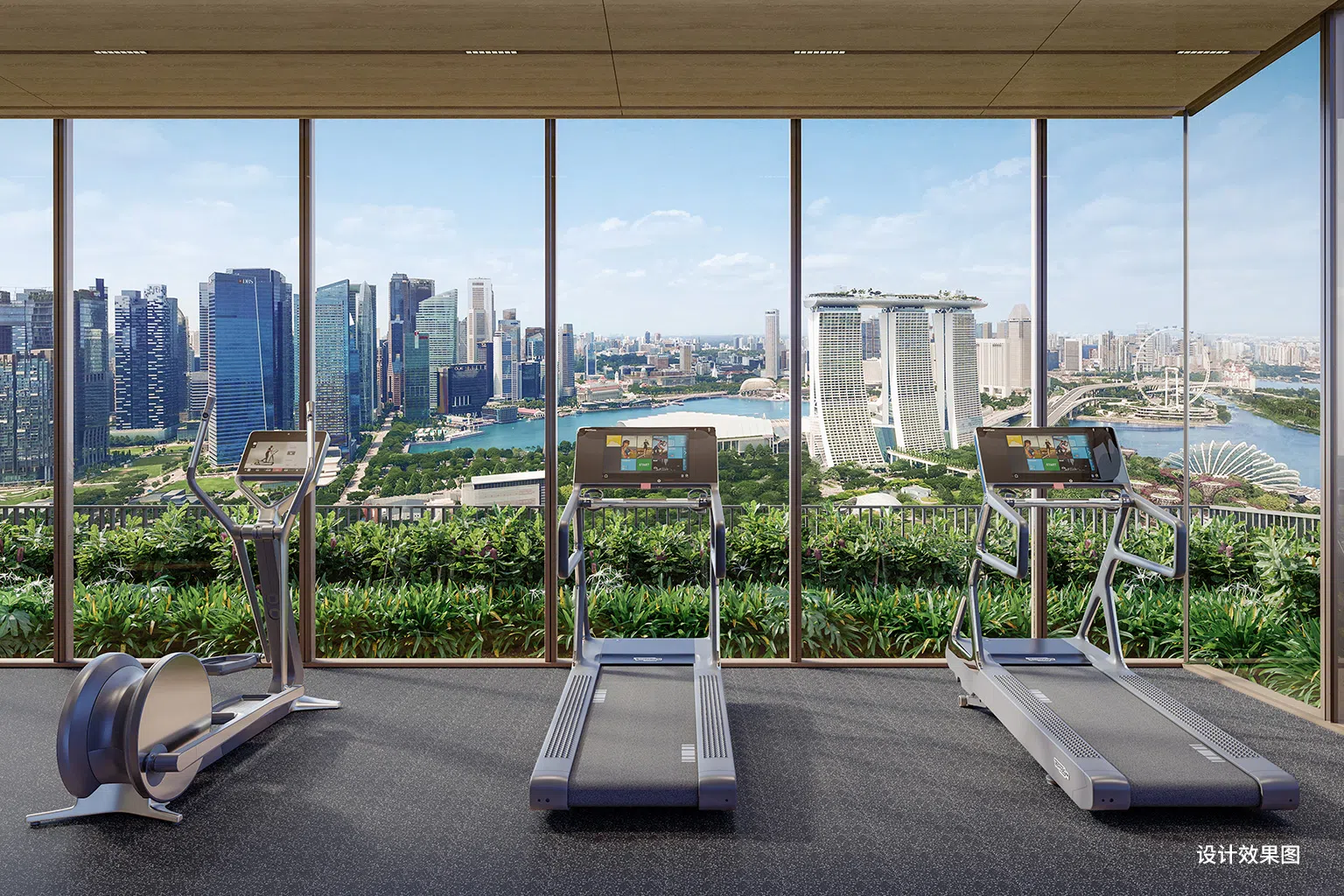 坐拥得天独厚的地理优势，住户使用公寓设施如健身房时，可将滨海繁华城市风景线尽收眼底。（设计效果图/鑫丰地产提供）