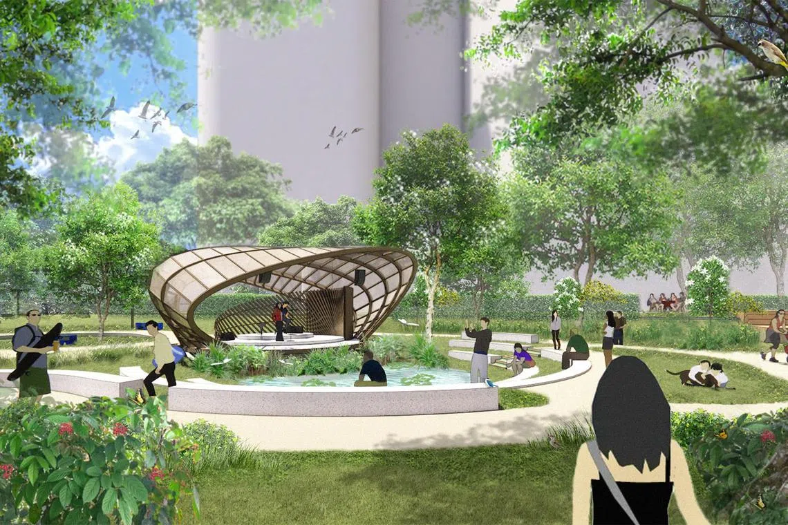 根据初步设计概念，索美塞逸坡（Somerset Slopes）将增设有盖活动舞台，以及运动、健身和游乐设施。（文社青部构想图）