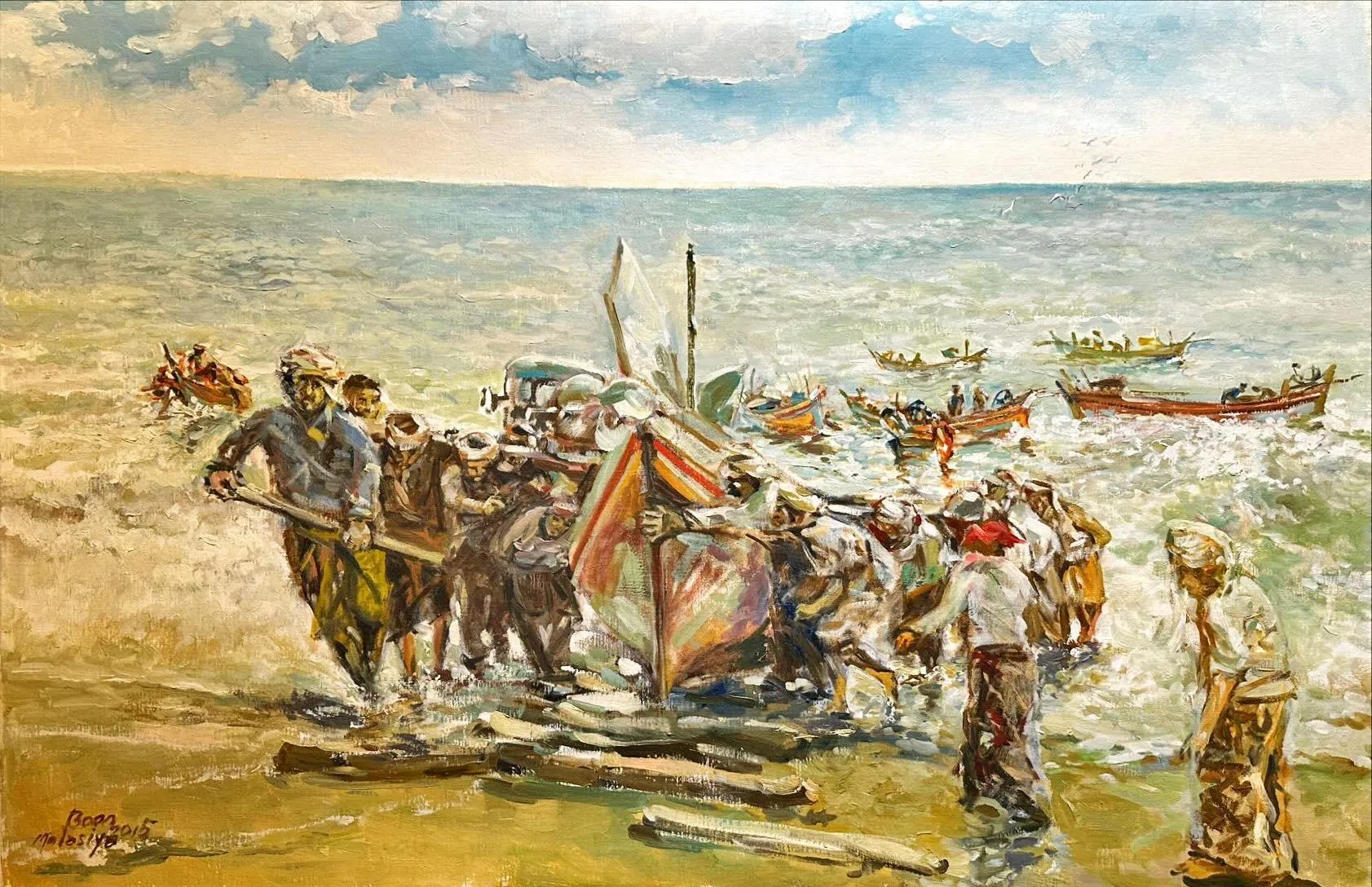 郑文彬油画《满载而归》（2015）描绘渔民劳作的场景。（海卉艺苑提供）