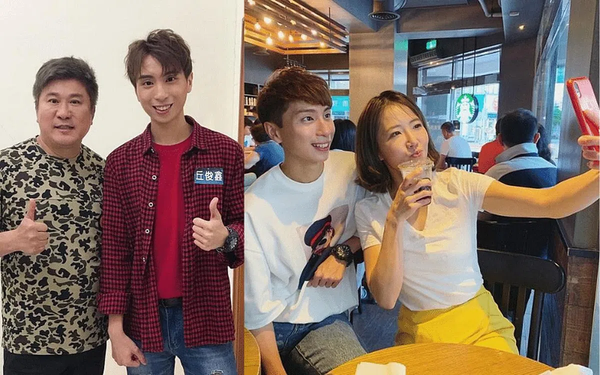 丘俊鑫曾到台湾发展，上过胡瓜（左图左）的节目，与知名主持人谢忻（右图右）喝咖啡聊合作。（受访者提供）