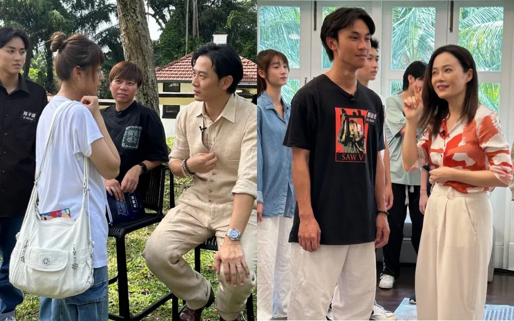 戚玉武（左图右）和杨雁雁（右图右）担任星级导师，指导新秀们演戏。（新传媒提供）