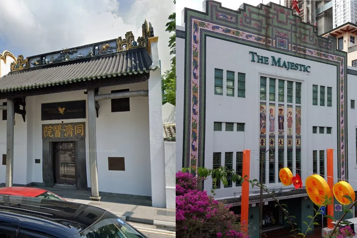 同济医院（左）和大华戏院（右），都是牛车水一带的受保留建筑。（谷歌地图截图、档案照片）