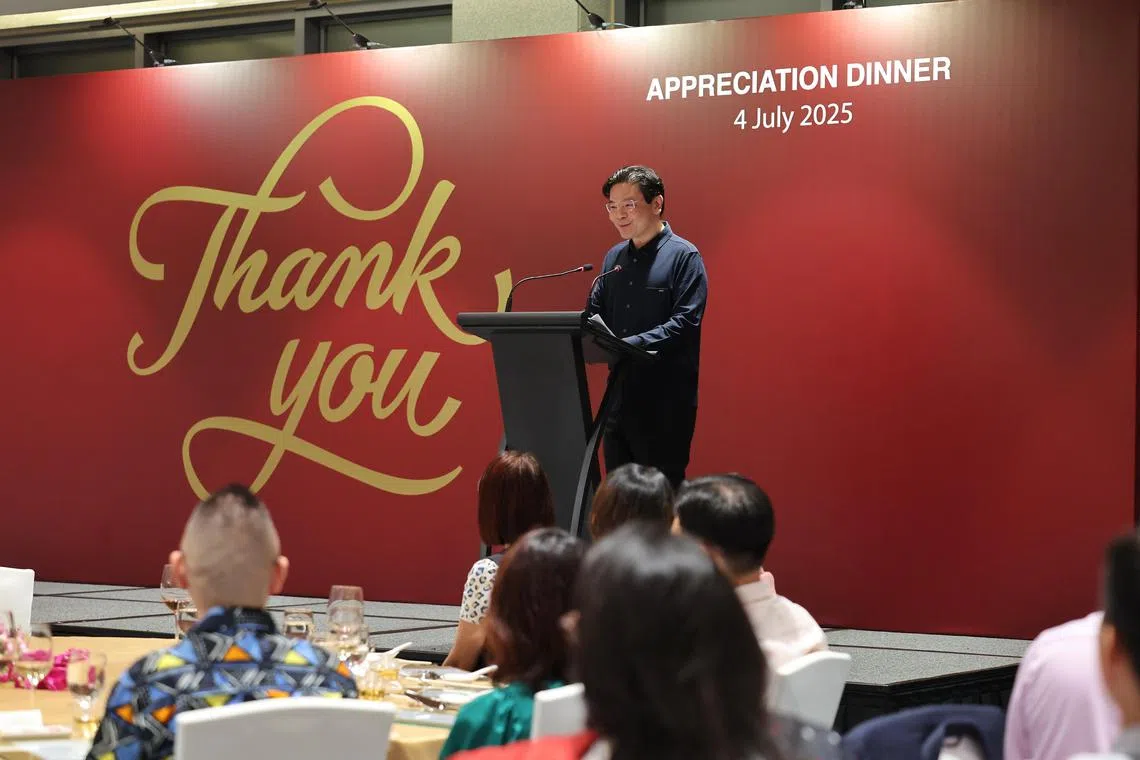 行动党秘书长、总理兼财政部长黄循财星期五（7月4日）在人民行动党答谢晚宴上呼吁所有在座的议员和前议员，助他发掘和培训有潜能的新人。（唐家鸿摄）