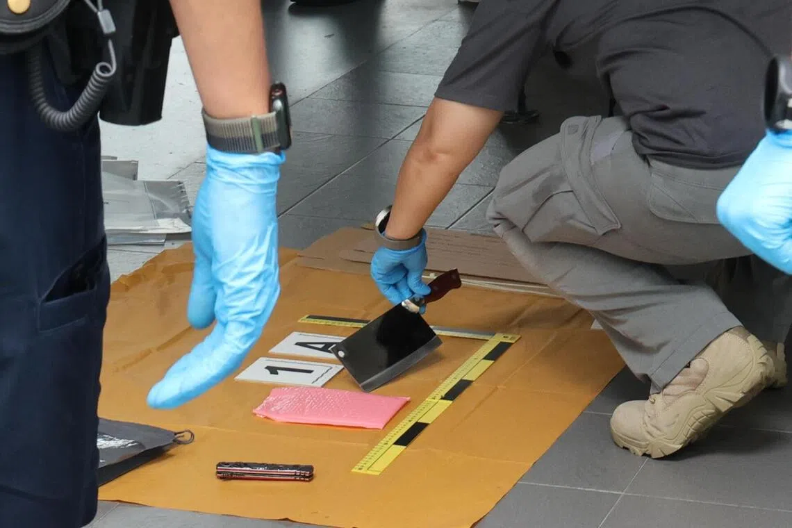 警方捉人也当场搜出菜刀等物品。（蔡振鸿摄）