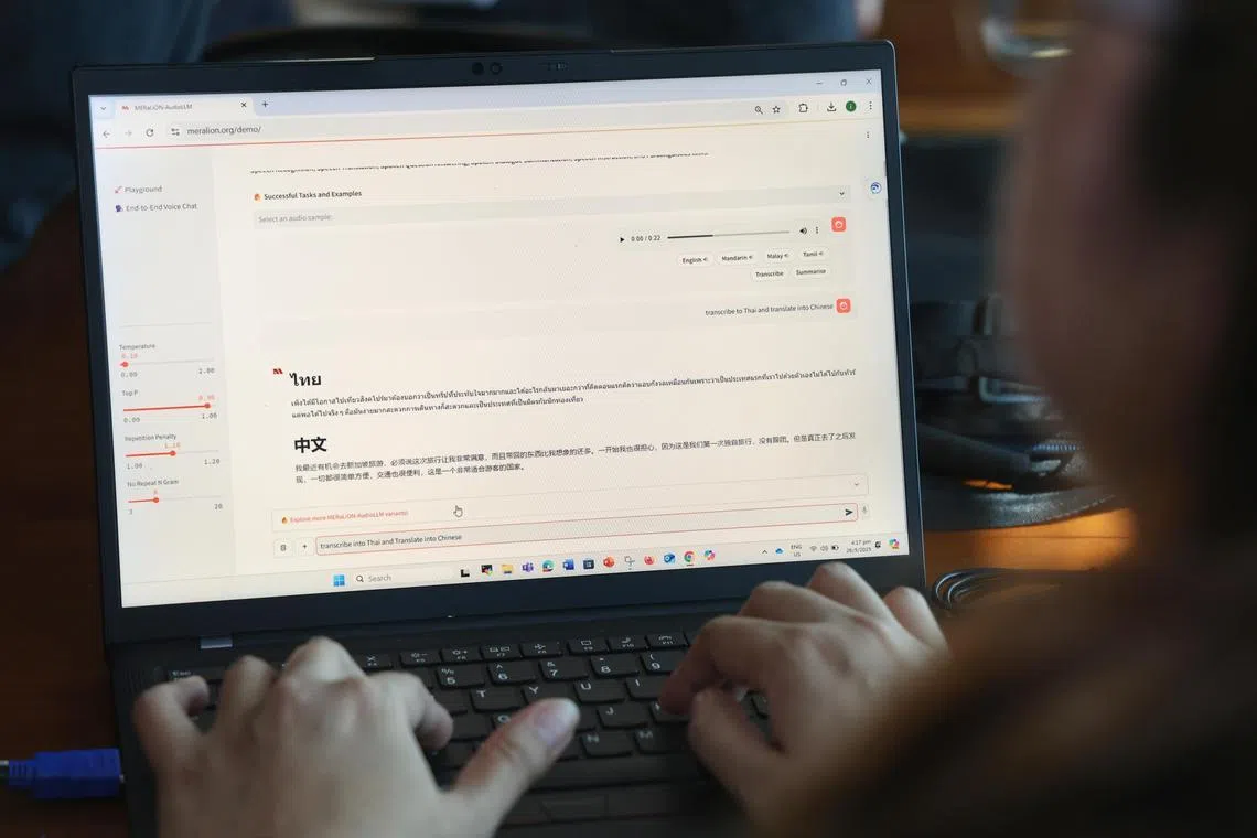 MERaLiON 2.0在语言覆盖方面，从原来的英语、华语和新加坡式英语（Singlish）扩展到马来语、越南语、泰语、淡米尔语、印尼语等区域语言；各个语言之间还能进行互译。（郑一鸣摄）