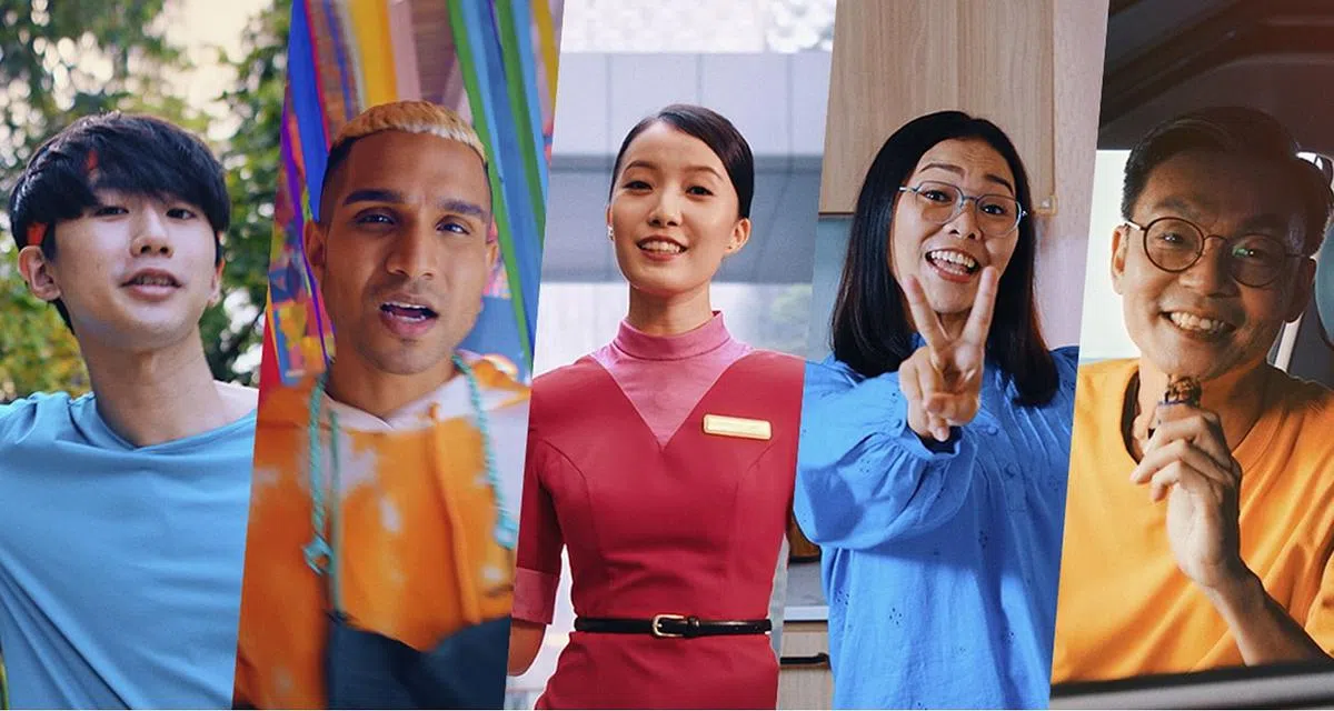 本地艺人李国煌（右起）、Siti Khalijah、李安，Yung Raja和跆拳道国手黄名纬（左起）演出防疫短片。（Tribal Worldwide新加坡提供）