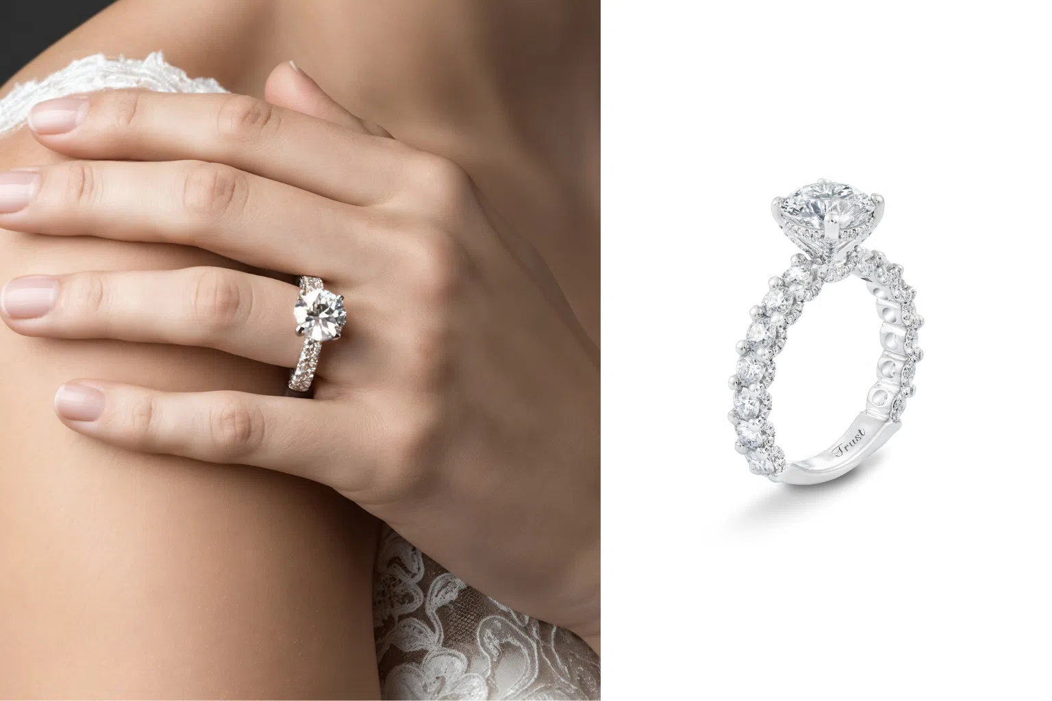 2CT Trust Invisible 18K白金钻戒以近乎隐形的精湛镶嵌工艺，展现主钻轻盈悬浮的视觉感。（宝兴珠宝提供）