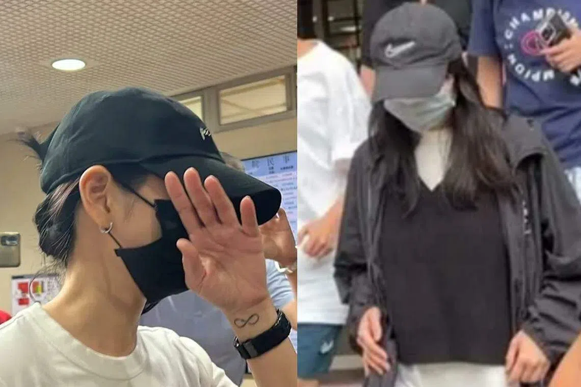左图中戴着鸭舌帽和口罩的女子随Faye的律师一同出现在法庭，被误以为是Faye（右图）。（互联网）