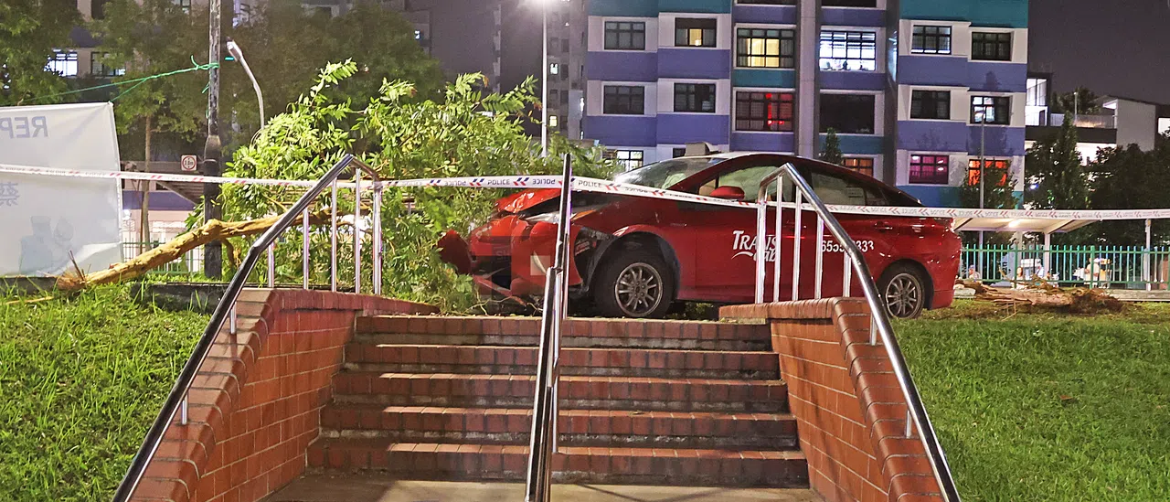 德士失控冲向路旁大树，差点坠入楼底通道。（蔡振鸿摄）