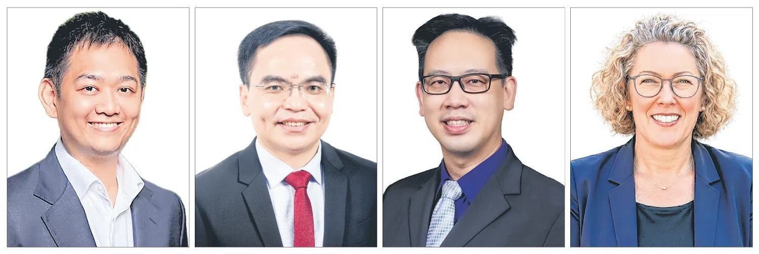 主讲嘉宾阵容包括蔬食餐厅绿一点（Greendot）执行董事周志麒（左起）、知识报社社长黄良裕、新加坡理工大学商业、传播及设计组副教授林智兴，以及新加坡管理大学李光前商学院副院长（影响力）兼市场营销学（实践）教授贝诺特（Sabine Benoit）。（中小企业商会提供）