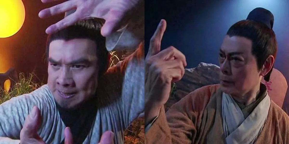 白彪（左）和罗乐林重现当年扮演过的郭靖和杨过模样。（视频截图）