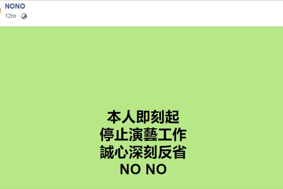 NONO通过脸书发文宣布停止演艺工作。（NONO脸书载图）