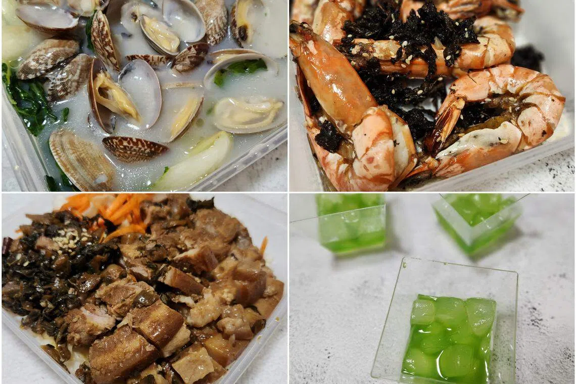 金叶餐厅的双亲节套餐提供外卖选择，上汤时蔬花啦啦（顺时钟左上角起）、茶香老虎虾、芦荟小麦草和中式扣肉碎刀削面等，打包回家口感也还不错。（陈爱薇摄）