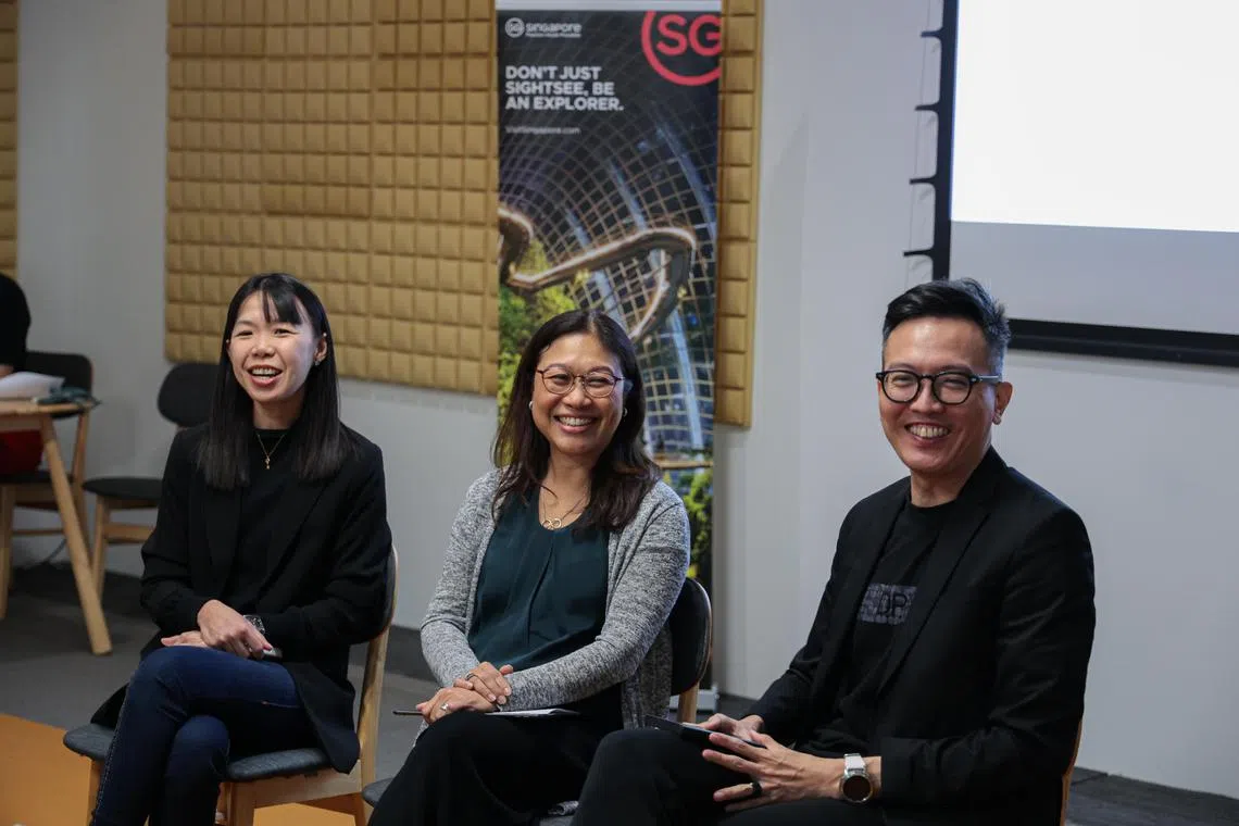 金明设计创制公司集团董事总经理庄小玲（左起）、新加坡旅游局世博会国际司执行署长郭秋莹，以及DP建筑师事务所总裁佘志煌，在预览活动上分享筹备过程的点滴。（李冠卫摄）
