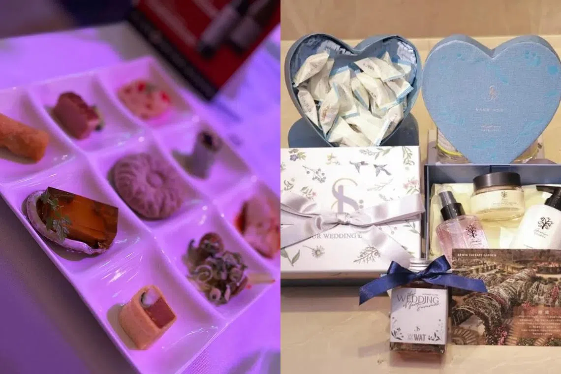 婚宴上的美食（左图）和伴手礼（右图）曝光。（互联网）