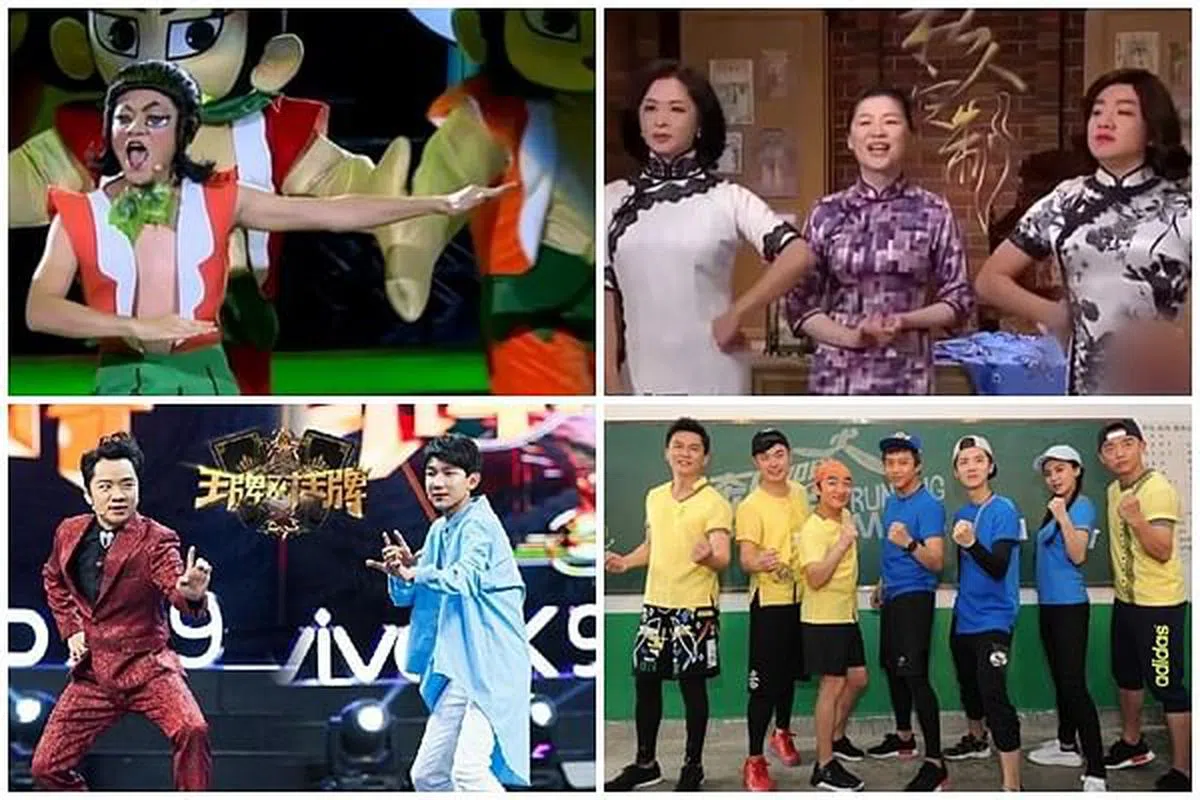 王祖蓝模仿中国观众熟悉的动漫人物“葫芦娃”（左上图）、金星，都博得满堂采。他在《奔跑吧兄弟》、《王牌对王牌》这些高收视的中国综艺节目都留下痕迹。（互联网）