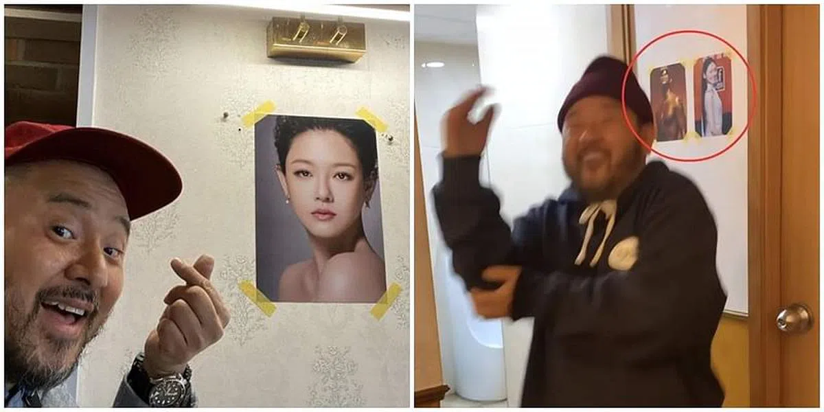 具俊晔的韩国生意伙伴把具和大S的照片贴满烧烤店，夫妻同框照也贴在厕所门外迎客。（互联网）