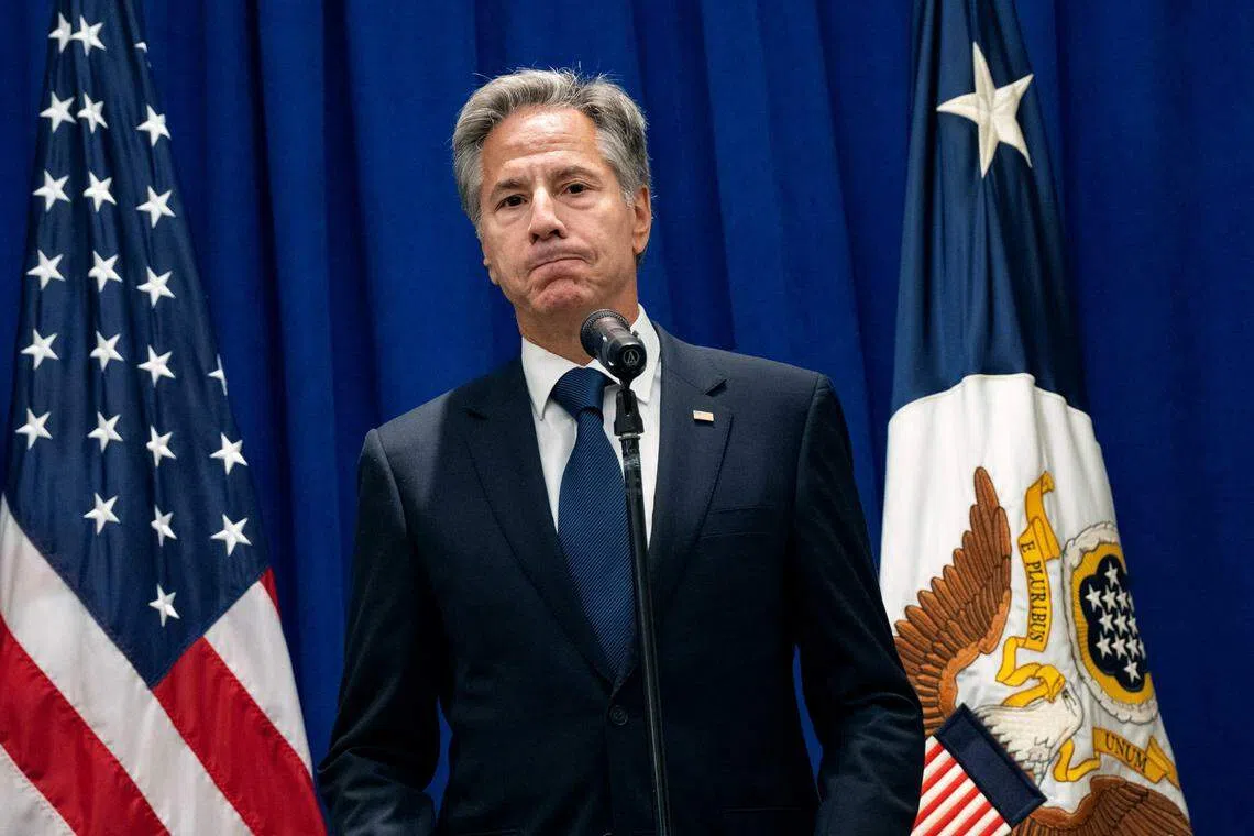 美国国务卿布林肯9月18日在纽约举行的新闻发布会上宣布五名美国人获释的消息。（路透社）