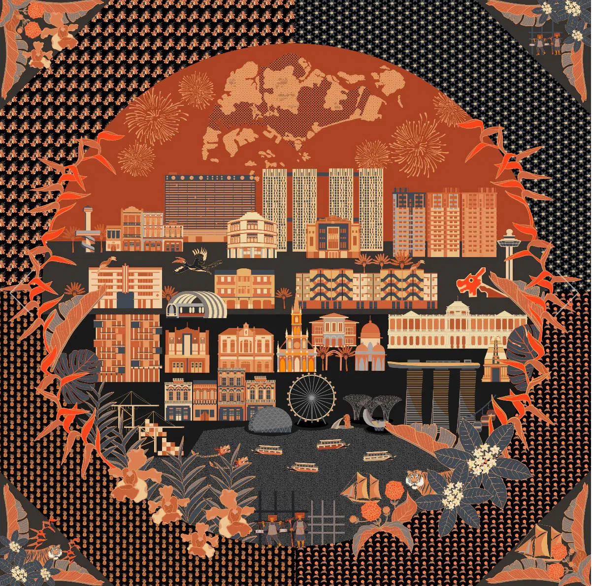 Binary Style推出新加坡海陆空全景图SG60版丝巾。（品牌提供）