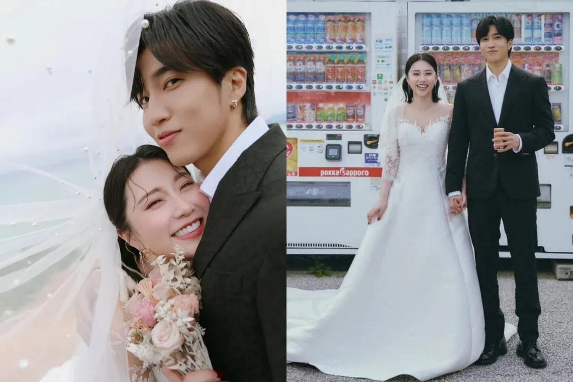 焦凡凡（左）和娄峻硕在冲绳拍摄婚纱照。（互联网）