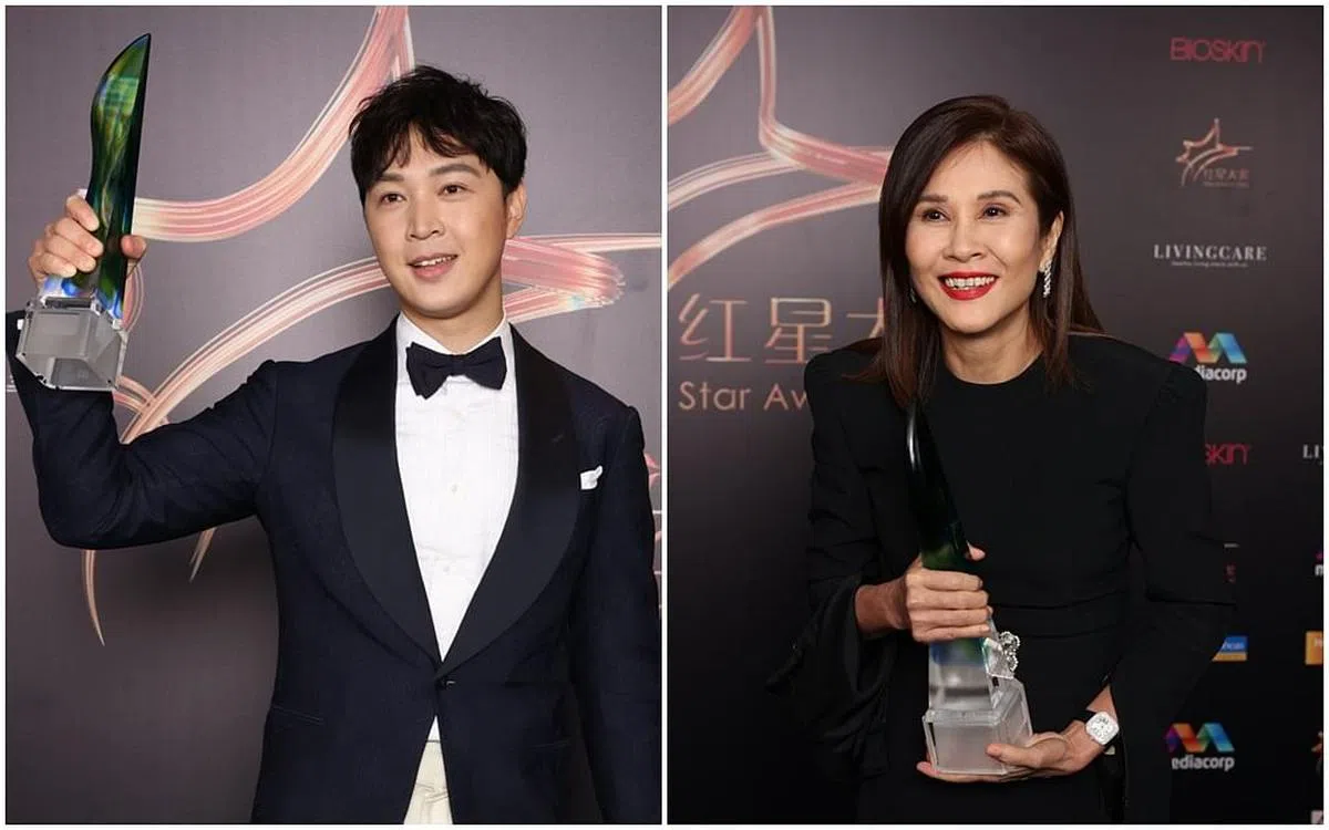 徐鸣杰（左）和林梅娇分别获颁最佳男、女配角奖。（新传媒提供）