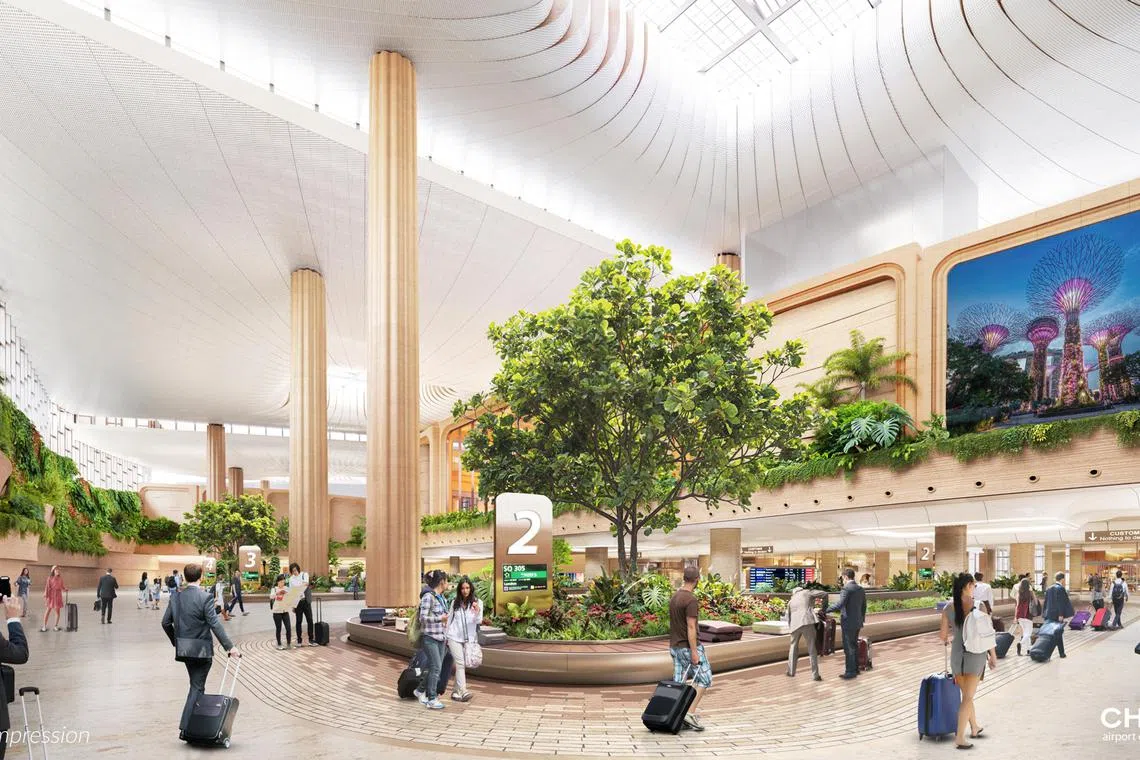 精心设计的垂直花园，如同一幅绿意盎然的画卷，迎接领取行李的旅客。（樟宜机场集团构想图）