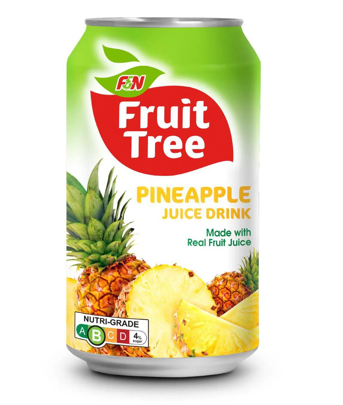 F&N Fruit Tree罐装黄梨汁，主要材料为水和浓缩果汁，含代糖三氯蔗糖。（品牌提供）