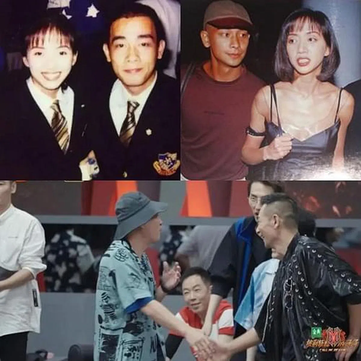 陈小春（左上图右，互联网）曾为梅艳芳伴舞；赵文卓（右上图左，互联网）曾和梅艳芳恋爱；陈小春（下图左）和赵文卓在节目中握手（视频截图）。