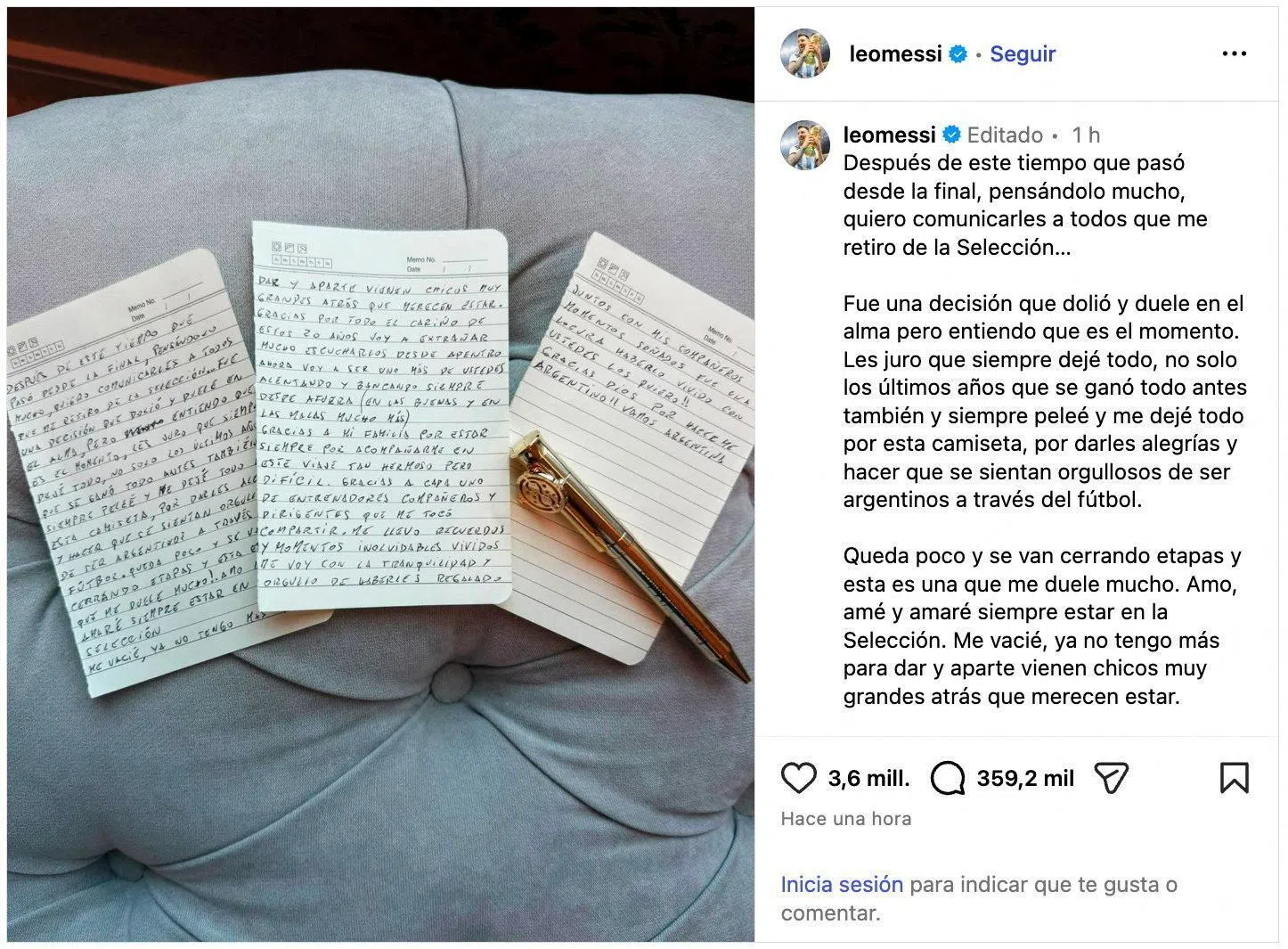 在社交媒体Instagram发布的贴文中，梅西附上了三张信纸写就的告别信，还放上了印有酷似“时间转换器”的金色笔。（路透社）