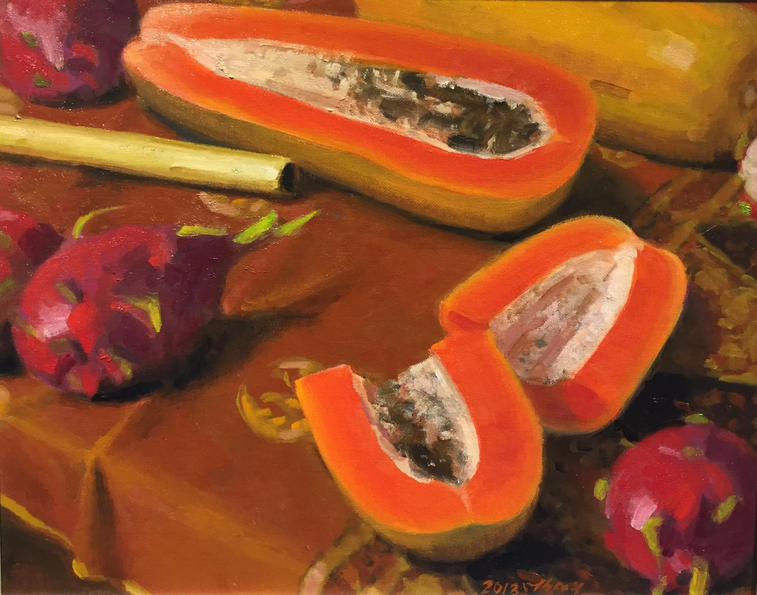 萧学民木瓜与龙珠果静物画（2013）。（海卉艺苑提供）