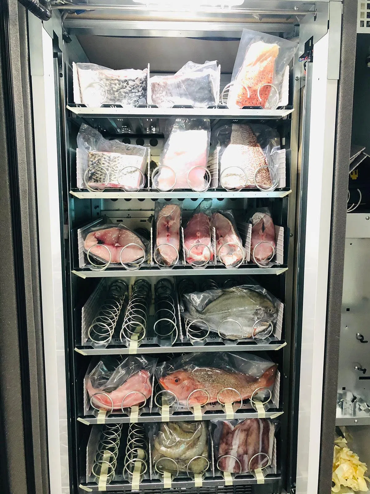 新水小型巴刹今年10月推出的自助售卖机，有20到30种新鲜海产供选择。（甘霖摄）