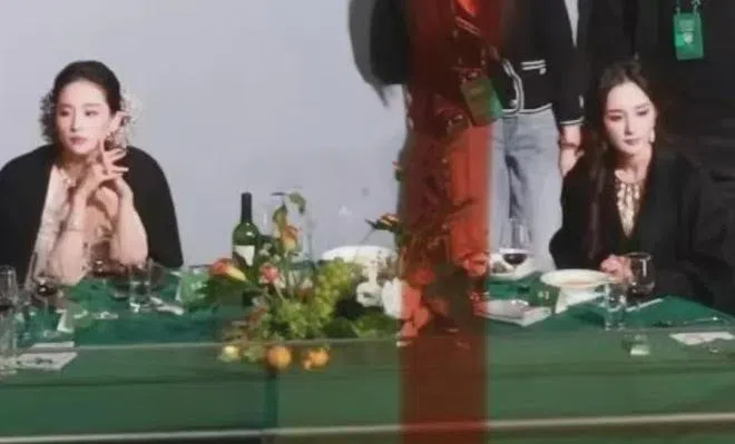刘亦菲（左）和杨幂一人一方视线，同桌却不对眼，彼此冷待对方。（互联网）