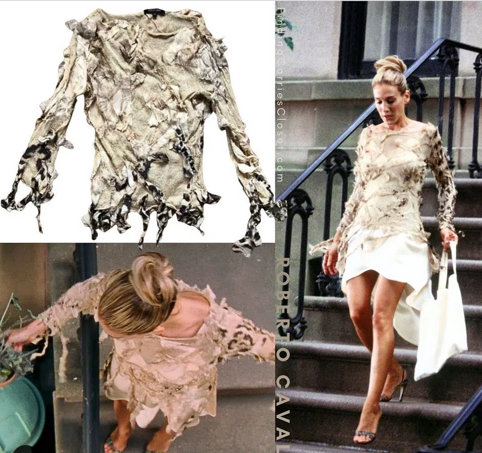 《欲望城市》里的凯莉穿上卡瓦利这件刻意做破烂处理的上衣去倒垃圾。（互联网）