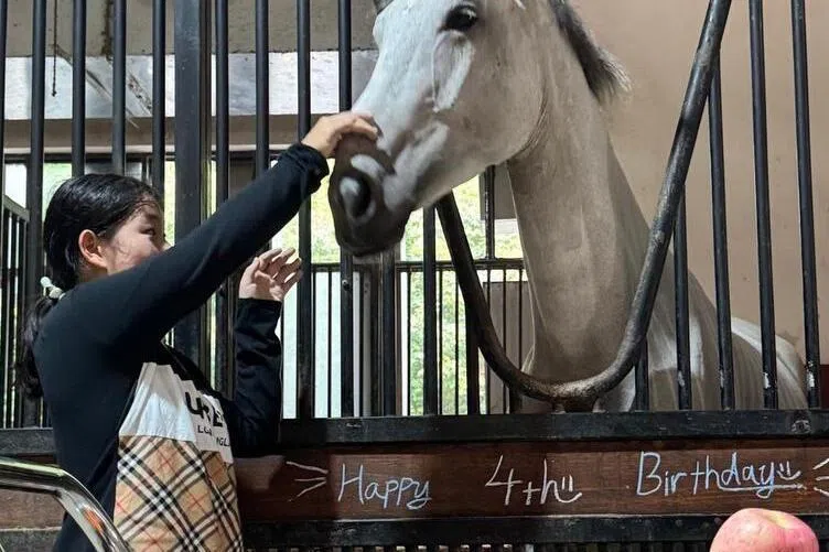 蒋雨心在中国马场养着一匹自己的马， 她会为马买营养品、电解质，也会耐心地帮它涂药。