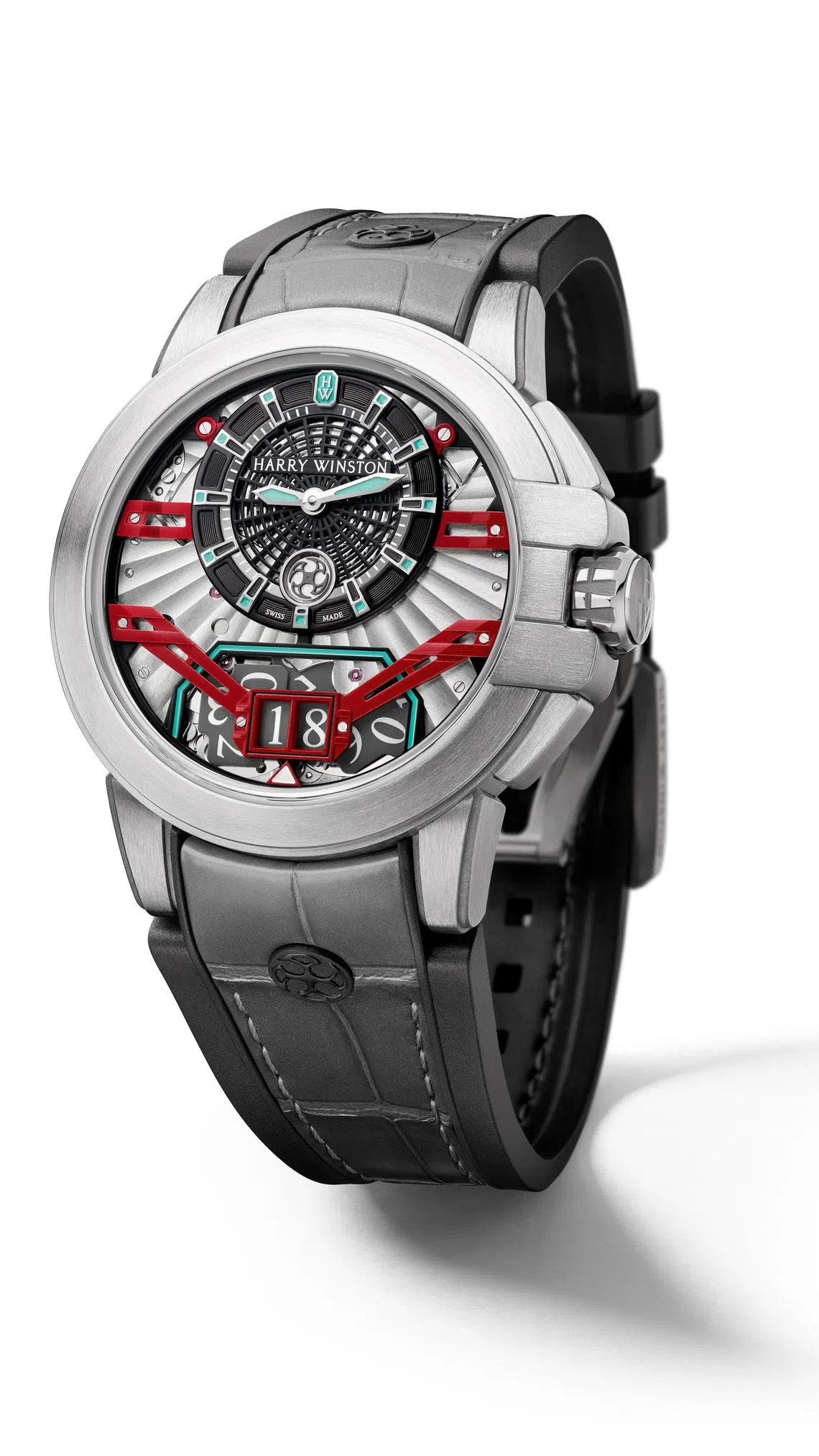 新款海洋Ocean系列用网格式表盘、铑金表桥与夜光指针形成层次丰富的机械构图。（海瑞温斯顿提供）