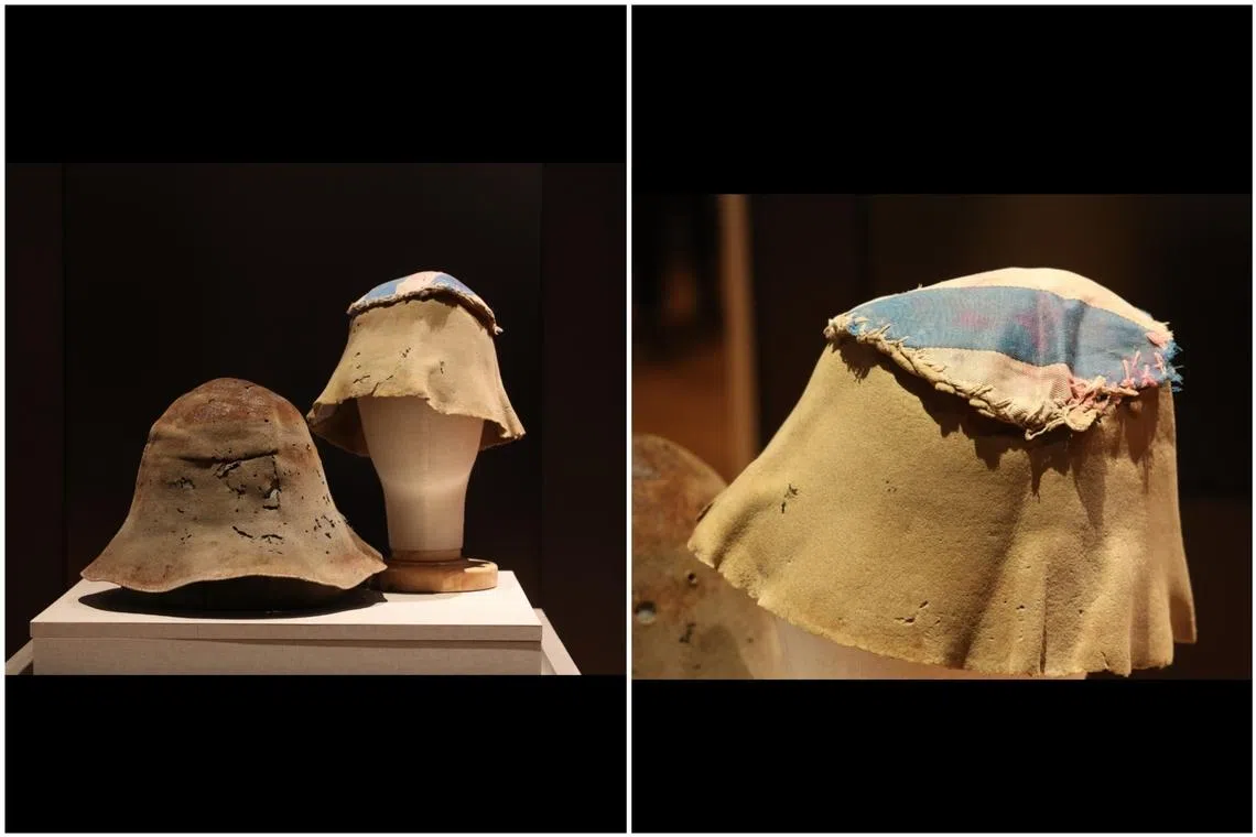 山顶估俚用的帽子，帽子破了补丁后（图右）继续用。（唐家鸿摄）