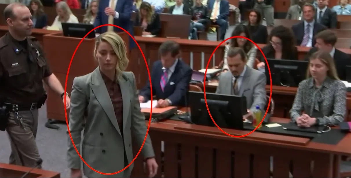 Amber Heard（左红圈）和johnny Depp（右红圈）穿着同色系西装上庭。（截图自Netflix）