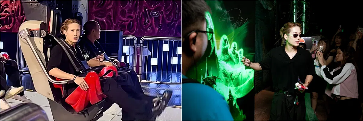 签书活动的前一天，王嘉尔与友人玩转环球影城（左图），晚上勇闯自己设计的鬼屋（右图）。（取自IG、Team Wang design提供）
