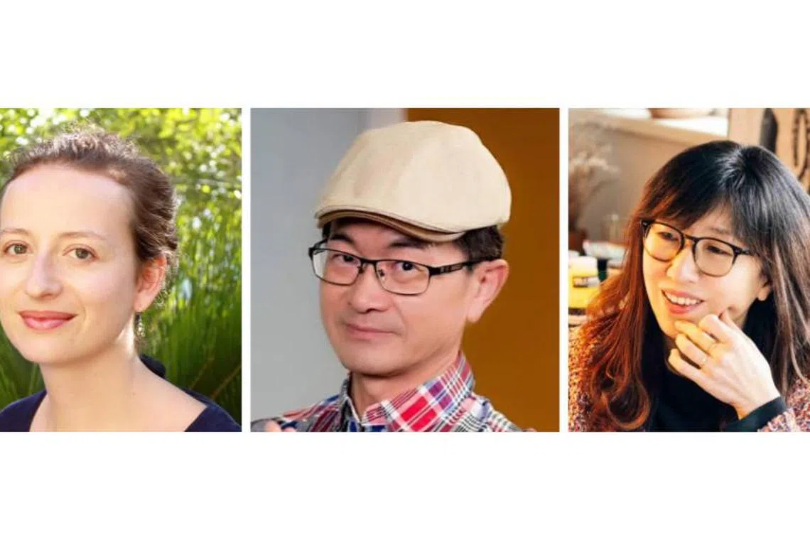 国际童书创作者：法国插画家克莱曼斯·波莱（左起）、台湾童书作家刘清彦、韩国童书作家李秀智等人将来新加坡参与少儿读物节。（新加坡书籍理事会提供）