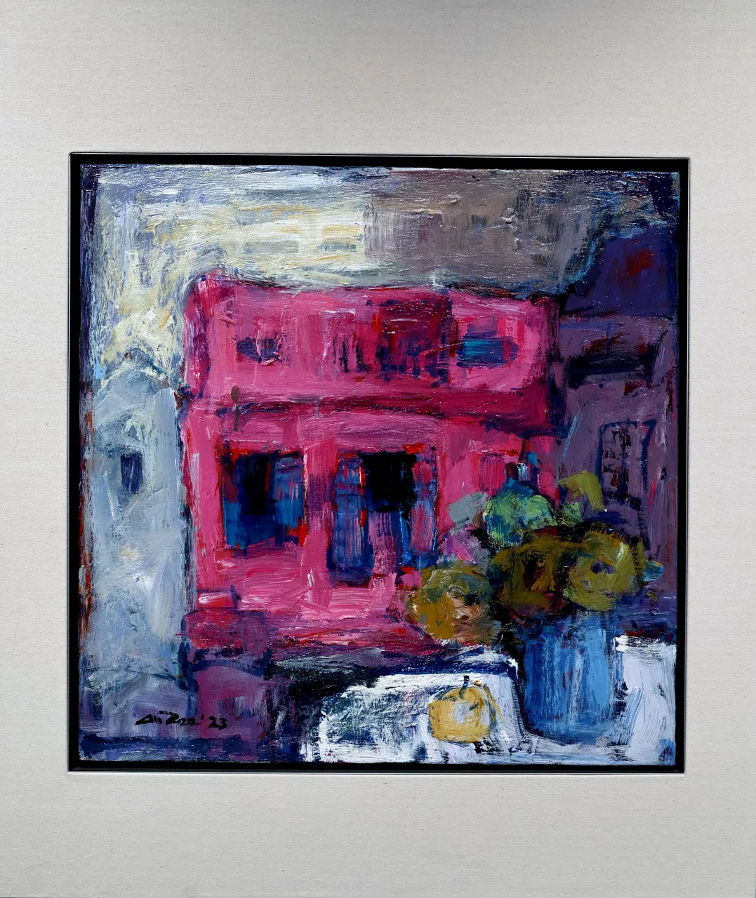 洪亚弟亚克力画作《粉红色的屋子——牛车水》 (2023)。（龙国雄摄）