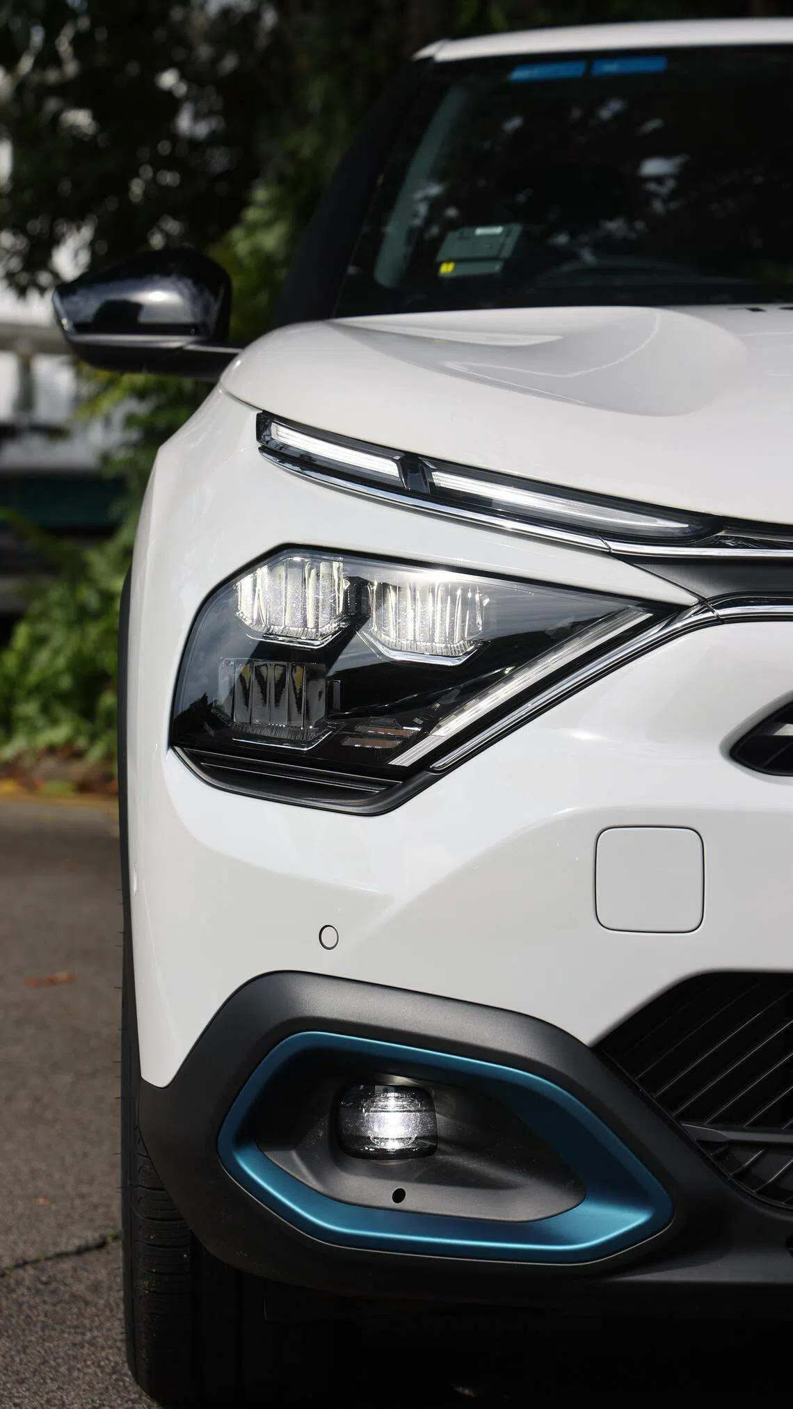 雾灯周围有蓝色饰条凸显车子的纯电动身份。（唐家鸿摄）