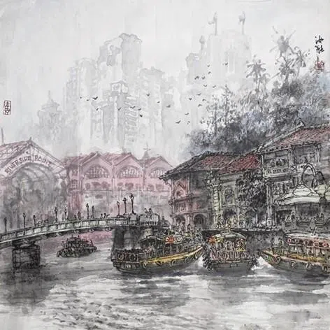 邓汝能水墨画《克拉码头》（2024）描绘水滨的变化。（邓汝能与集菁艺社提供）