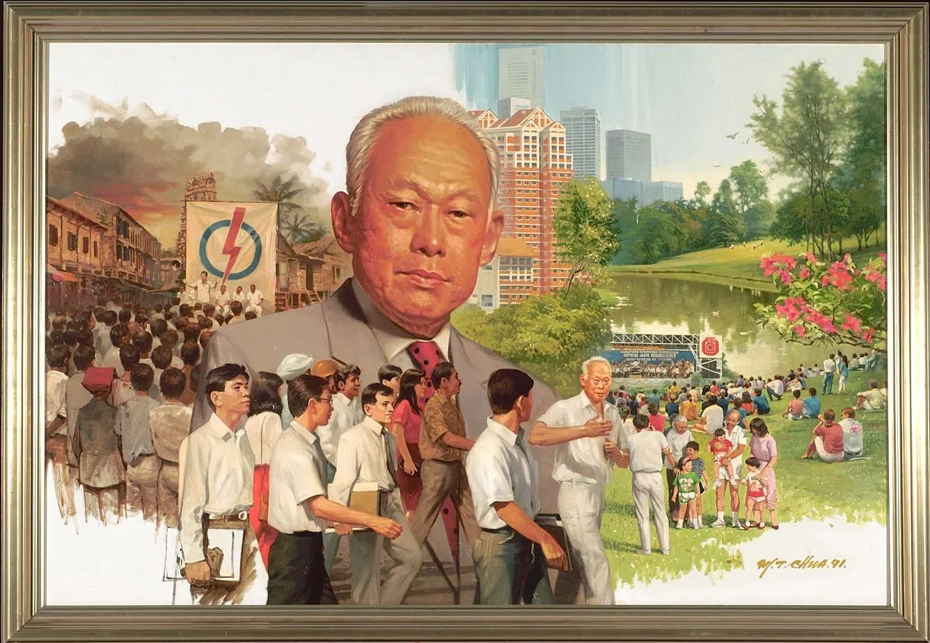 蔡名智1991年受NTUC委托创作的建国总理李光耀肖像画展出。（蔡扬提供）