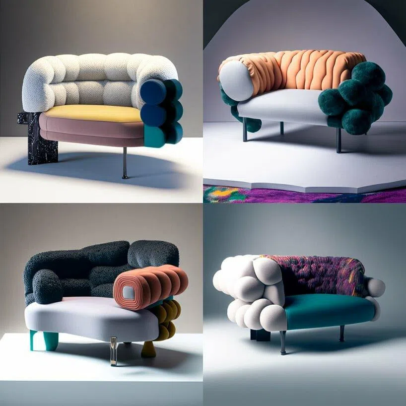 德国设计师Joe Zander使用Midjourney、DALL-E等人工智能软件，想象出一系列拼贴式，带波普艺术风格的前卫座椅。（Joe Zander 提供）